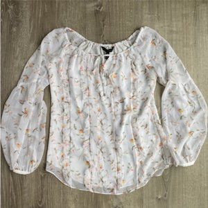 WHBM Boho Bell-Sleeve Floral Ruffle Blouse White 0